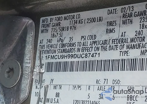 2013 Ford Escape Sel z USA, uszkodzony, nr VIN 1FMCU9H99DUC87471